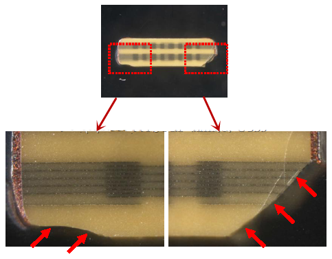 從破裂的現(xiàn)象與電容廠商切片的照片看來，破裂的痕跡從端接處以斜角裂開，電容零件的確像是機械外應力所造成的破裂。