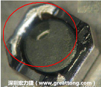 使用錫(Sn)鍍層的電源電感器(Power Inductors)，經(jīng)過推力測(cè)試后，其焊點(diǎn)還保留在零件的端點(diǎn)上，所以推力比較高。