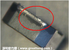 使用錫(Sn)鍍層的電源電感器(Power Inductors)，經(jīng)過推力測(cè)試后，其焊點(diǎn)還保留在零件的端點(diǎn)上，所以推力比較高。