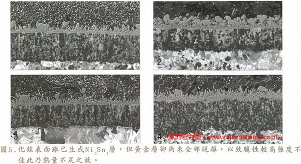 下面四圖顯示，當(dāng)焊接的熱量不足或未持續(xù)時(shí)，雖然Ni3Sn4的薄薄IMC層已經(jīng)生成而焊牢，但也會(huì)因?yàn)锳uSn及AuSn2還未來得及逸走，而停留在共金介面附近，當(dāng)有外力拉扯的時(shí)候，就很容易斷裂開來。這就是為何ENIG的焊點(diǎn)強(qiáng)度，始終不如銅面焊點(diǎn)(Cu6Sn5)來得更為牢固的主因之一。