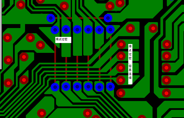 PCB設計焊點過密，易造成波峰連焊，焊點間漏電