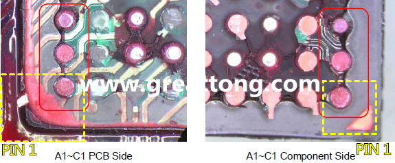 PIN-1的位置很重要，不知道Pin-1在哪里？那你怎么知道斷裂錫球在PCB的位置，如何判斷可能的應(yīng)力(Stress) 影響。一般在PCB的絲印層(白漆)上面一定會(huì)標(biāo)示零件的PIN-1位置，有的未打一個(gè)圓點(diǎn)，有的會(huì)畫三角形，但這張照片在PCB的PIN-1被紅墨水遮住了，如果可以的話建議那一塊沒有紅墨水的板子對照一下。