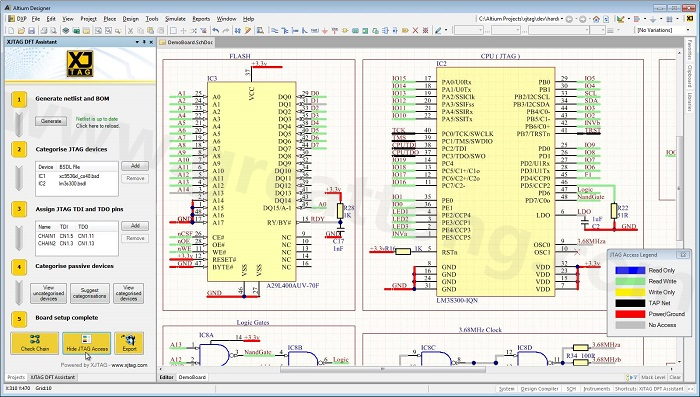 XJTAG DFT Assistant的Access Viewer模式可以清楚地顯示可用的測(cè)試存取層級(jí)，讓電路板設(shè)計(jì)人員在展開(kāi)PCB布局以前的原理圖擷取階段盡可能地提高測(cè)試存取能力
