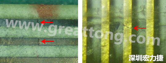 一旦找到確切的銅箔線路斷裂位置，如果還是無法觀察到斷裂的現(xiàn)象，就試著在顯微鏡下彎曲該位置的軟板，這樣就可以突顯并放大斷裂銅箔的開口了。 