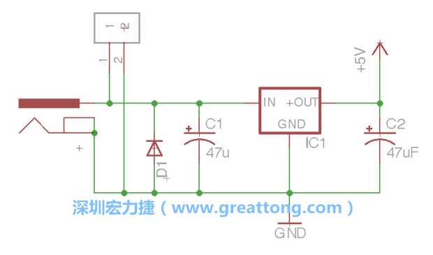 2.5.    新增一個二極體，它會以水平的狀態(tài)出現(xiàn)在屏幕上，請使用「旋轉(zhuǎn)（Rotate）」工具把它負(fù)極那一面朝上，并且用「網(wǎng)絡(luò)連接」工具將它連接在電壓調(diào)整器的輸入端和接地端之間。