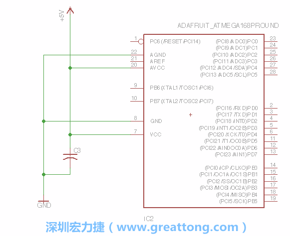 3.1.    新增微控制器晶片（RBBB → ATmega），把它放在電路原理圖的中央附近，把它的兩個(gè)接地接頭連接到接地訊號(hào)端。