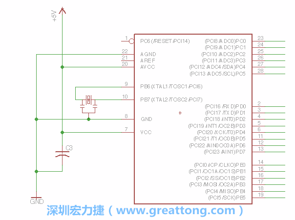 3.2.    在靠近ATmega的電源供應(yīng)針腳7的位置放置一個(gè)0.1μF的電容，將它分別連接電源、接地端和針腳7。