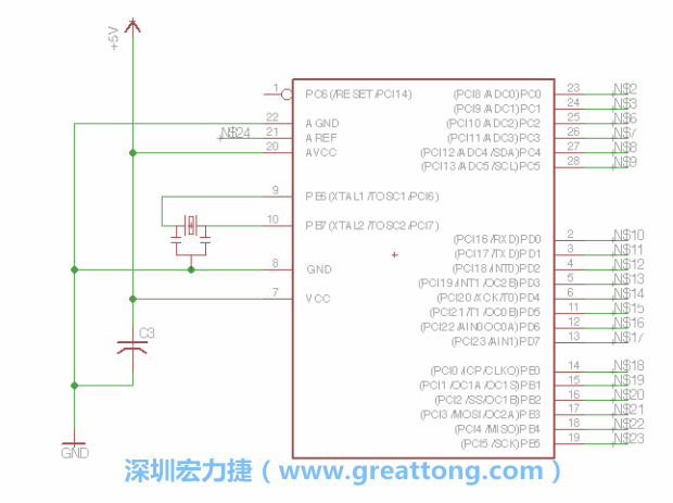 3.3.    將共鳴器（resonator）放置在針腳9和針腳10附近，將它的三個(gè)針腳連接如圖所示，并確認(rèn)最中間的針腳有連到接地端。