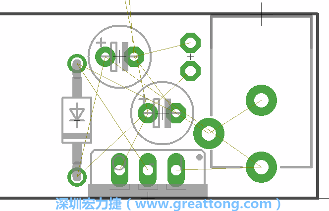 如同第一篇的步驟，我們將從電源迴路開始著手，移動電源插座（Power Jack）、電壓調整器、二極體、兩個電容和輔助接頭JP1到如上圖所示的位置。