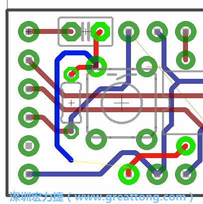 要在電路板正面進行+5V信號線連結和其他連結點的布線工作是非常容易的，而重置信號線（信號線用來連結電路板正面左邊的重置開關）需要經(jīng)過一個可以通過電路板正反兩面的電路通道，這個通道是一個可以讓電路板正反兩面線路連接的一個小孔。