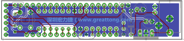 第二篇文章則帶領(lǐng)你進(jìn)行電路板上的布線、連結(jié)點(diǎn)的配置，并利用「設(shè)計規(guī)則檢查（Design Rule Check）」測試你的設(shè)計，第二篇文章的電路板設(shè)計圖將如下所示：