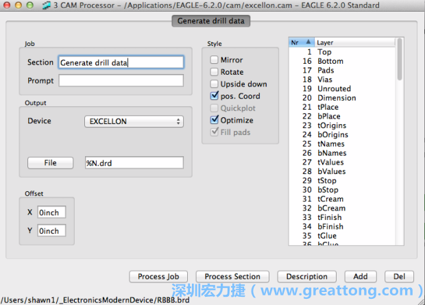 打開「excellon.cam」的工作項(xiàng)目并建立drill文件（副檔名為「.dri」和「.drd」），之后你只會用到「.drd」的文件檔；「.dri」的文件只是解釋用資料（所謂后設(shè)資料）而已。