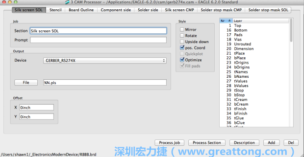 假如你有匯入點(diǎn)陣圖圖層（抑或是有某個圖層是你不想要它們出現(xiàn)在絲印上的），請再次確認(rèn)標(biāo)簽列下面被指定的圖層都是正確無誤的。