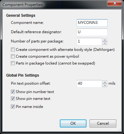 按下工具  "Create a new component"， 出現(xiàn)底下畫面， 按下OK后， 產(chǎn)生MYCONN3/U? 文字重迭在一在， 把它們分開(用mouse選擇并按下"M"， 即可移動(dòng))