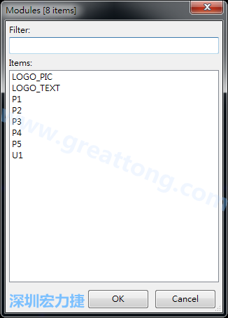 從目前正在編輯的PCB載入Module， 會顯示有那些項目可載入。點選一個， OK后即完成載入