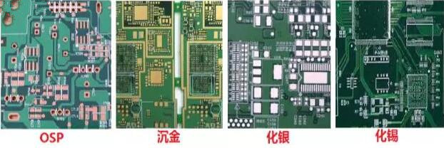 表面工藝分：熱風整平，沉金， 化銀， 化錫， OSP 等幾種表面工藝