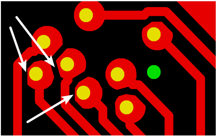 按源文件文件數(shù)據(jù)計(jì)算，孔邊緣到線邊緣6mil，孔環(huán)4mil，環(huán)到線只有2mil，保證環(huán)到線之間有3mil的安全間距需削1mil焊環(huán)，削后焊盤只有3mil