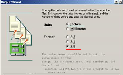 在上圖中選擇“Inches 2：5”，以確保資料精度，反之線寬、線距或孔有偏移現(xiàn)象