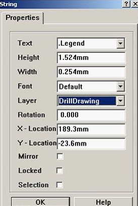 7. 放置分孔圖，按“P、S”在圖形的右下角放置一字符串，并雙擊打開，將Text改為。Legend；Layer改為DrillDrawing即可