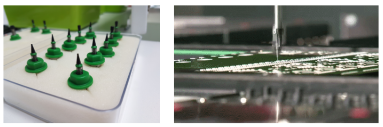 用來吸取零件的小吸盤（左），自動(dòng)機(jī)械臂將零件迅速向下扔（右）