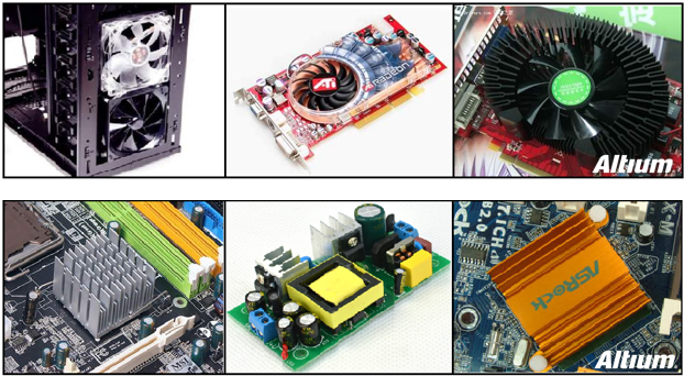承載大電流的電路中功耗損失所產(chǎn)生的熱量應(yīng)梳離發(fā)熱器件以對(duì)抗溫升。大家都可能熟悉電腦處理器上使用的風(fēng)扇和散熱片。